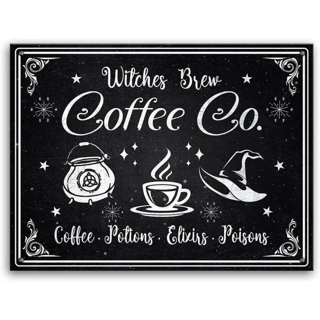 Witches Brew Co Letrero de metal para pared - Decoración retro gótica de brujería con caldero y murciélago - Placa de metal duradera de 8x12 pulgadas