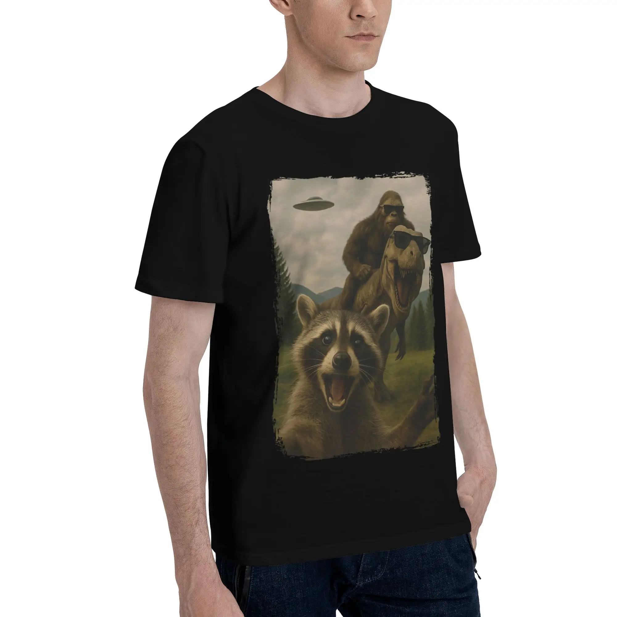 Funny Bigfoot Ride Dinosaur Raccoon Tee Shirt for Men Women Graphic T Shirts  Cotton Clothes