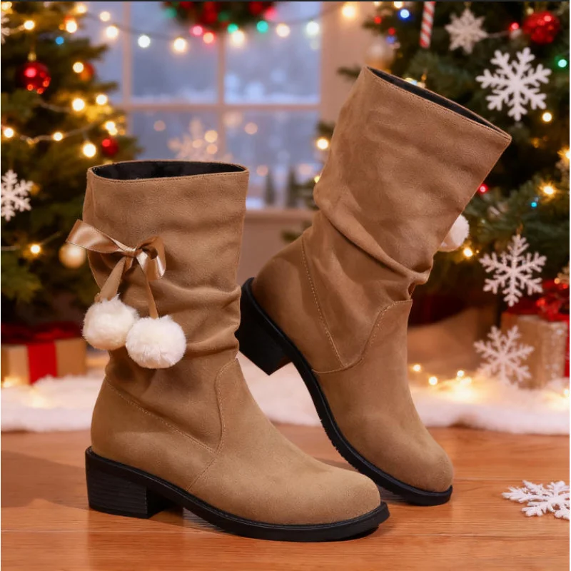 

2025 Christmas Suede Ankle Boots for Women, Fashion Lace-Up Booties with Chunky Heel & Shearling Cuff, Festive Party Winter Shoe