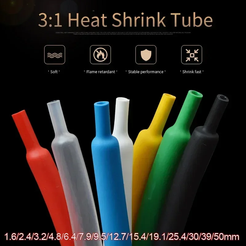 1M Dia 1.6mm~65mm 3:1 Heat Shrink Tube with Double Wall Glue Tube DIY Wire Cable Connector Repair Waterproof Insulation Sleeve