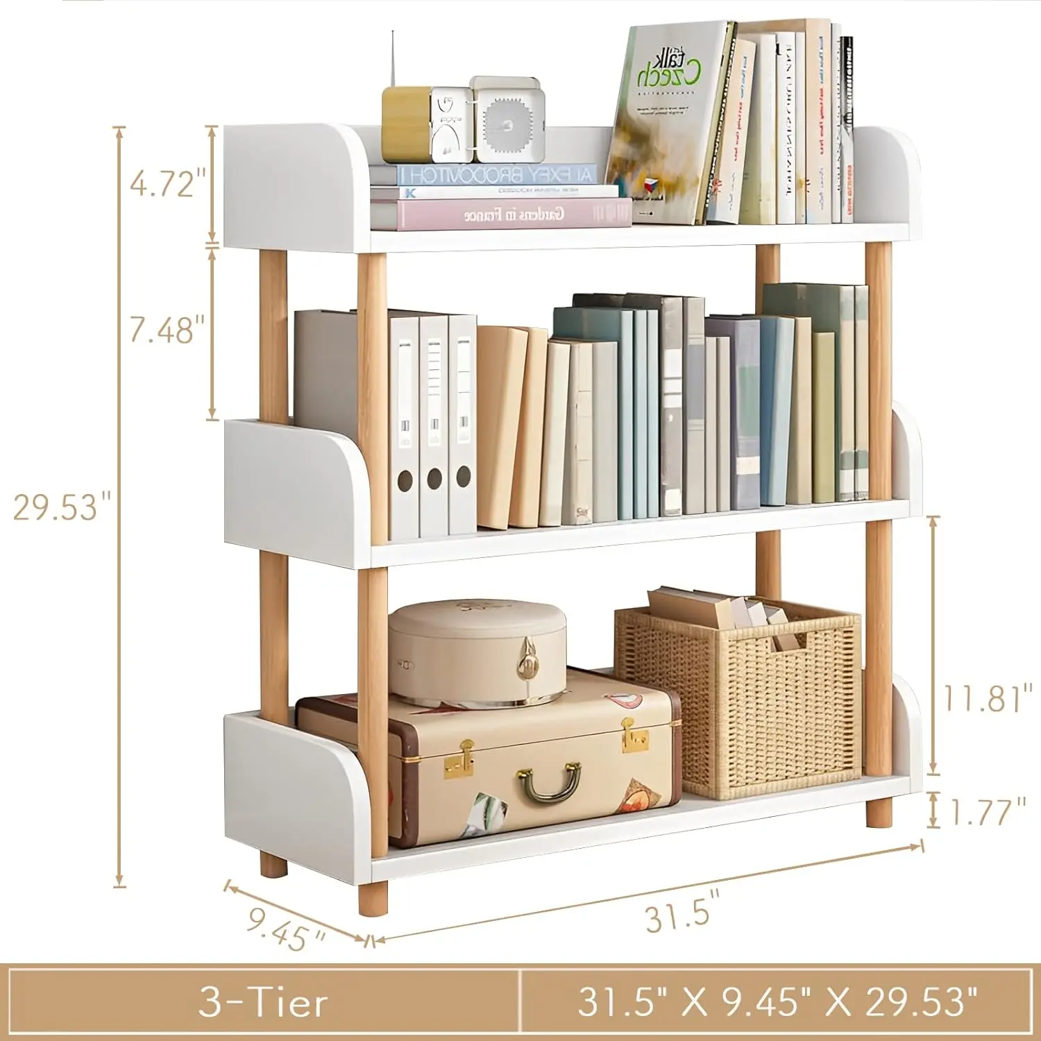 

3-Tier Wooden Open Bookcase - Modern Display Bookshelf with Top Edge and Solid Wood Frame for Home and Office,Warm White