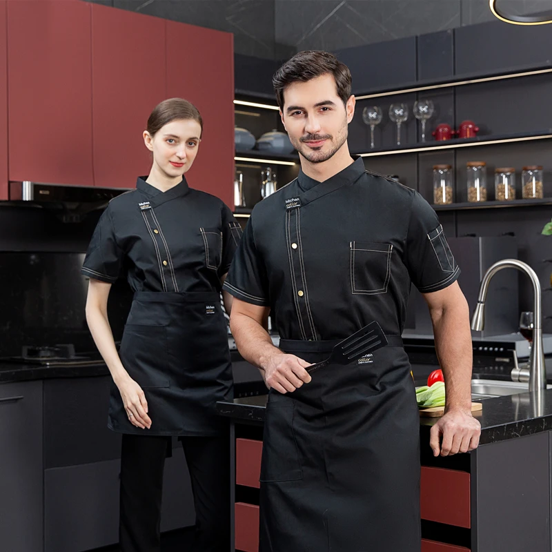 Chef Restaurante Jas Unissex Korte Mouwen Chef-kok Jas Mannen Vrouwen Keuken Kleding Bakkerij Ober Uniforme Schort Hoed groothandel