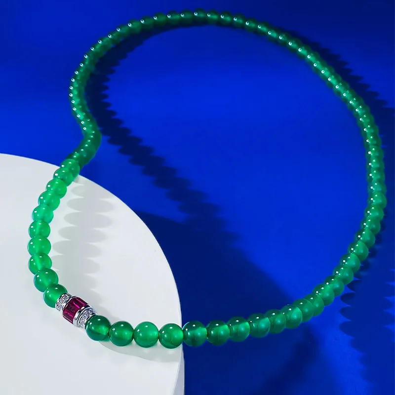 

Green Jade Marrow Bead String Ice Emperor Green Silver Inlaid Pendant Versatile 6.0mm Full Chain Necklace 50cm