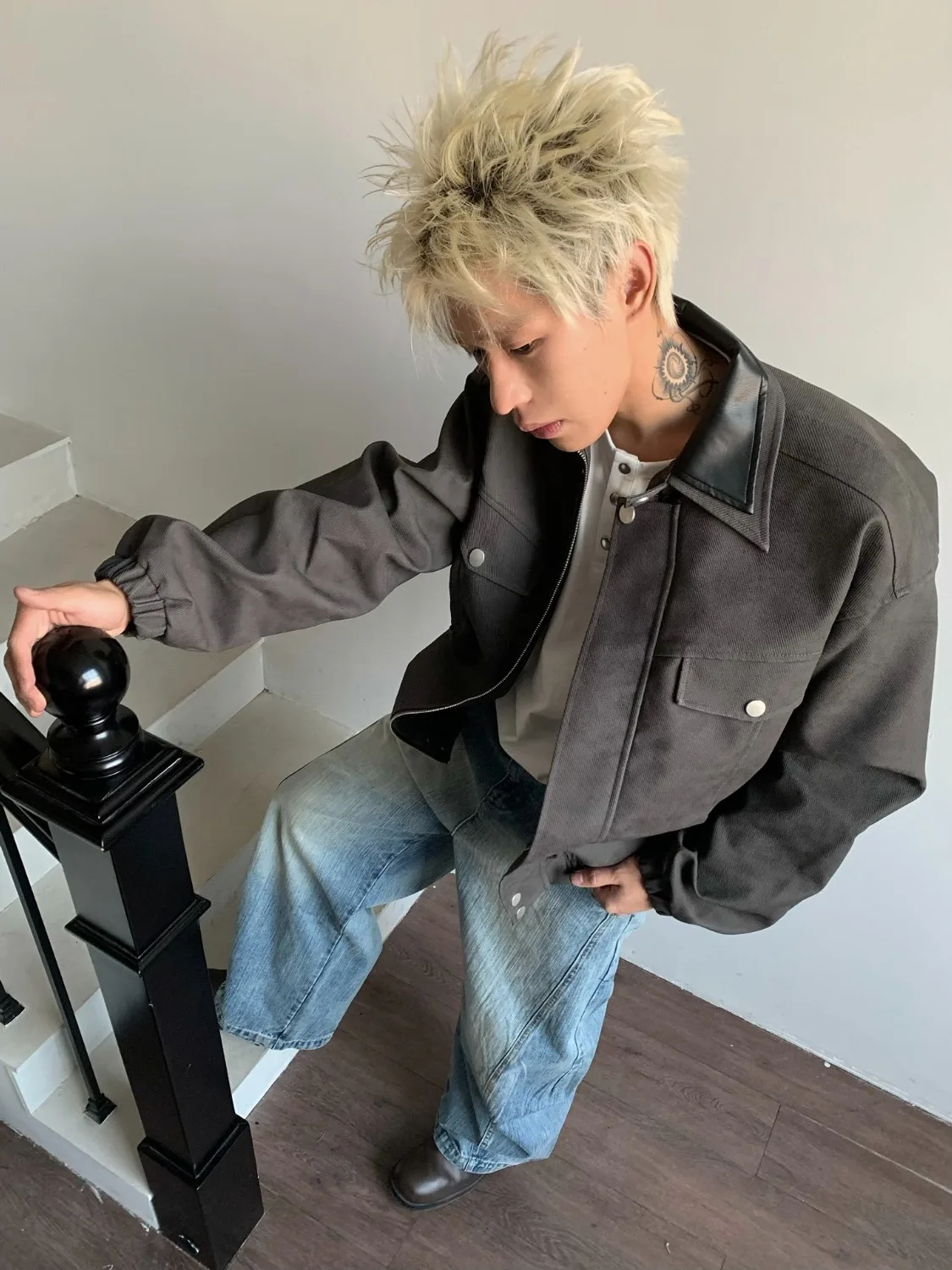 

Американский Sle из искусственной кожи с воротником-дуэтом, свободная верхняя одежда для пар, повседневная ветрозащитная длинная молния-свеча, чистый цвет