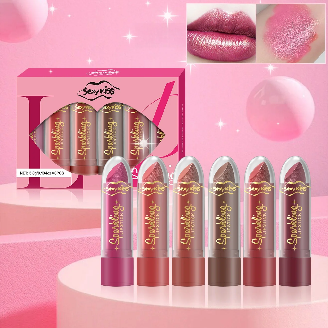 Conjunto de batom com glitter de 6 cores, acabamento pérola glitter, brilho labial durável, presente de dia dos namorados para mulheres