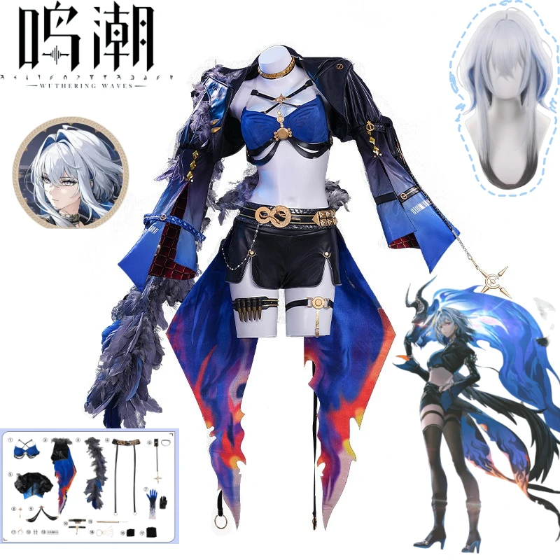 

Wuthering Waves Galbrena Blue Cosplay Battle Suit Jacket Wig Set Sexy Women's Halloween Party Outfit Includes Costume And Wi