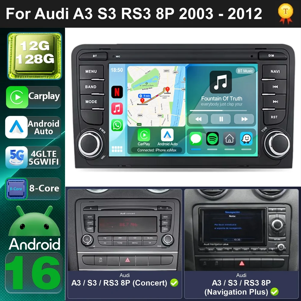 Car Radio Android 16 For Audi A3 S3 RS3 8P 2003-2012 carplay auto DSP BT 4G