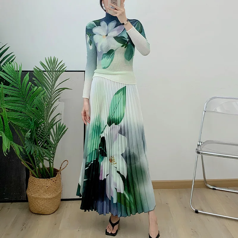 2023 New Pleated Miyake Set Fashion Printed Flower Long Sleeve Tops High Waist Fold Skirts 2 Pieces Sets for Women