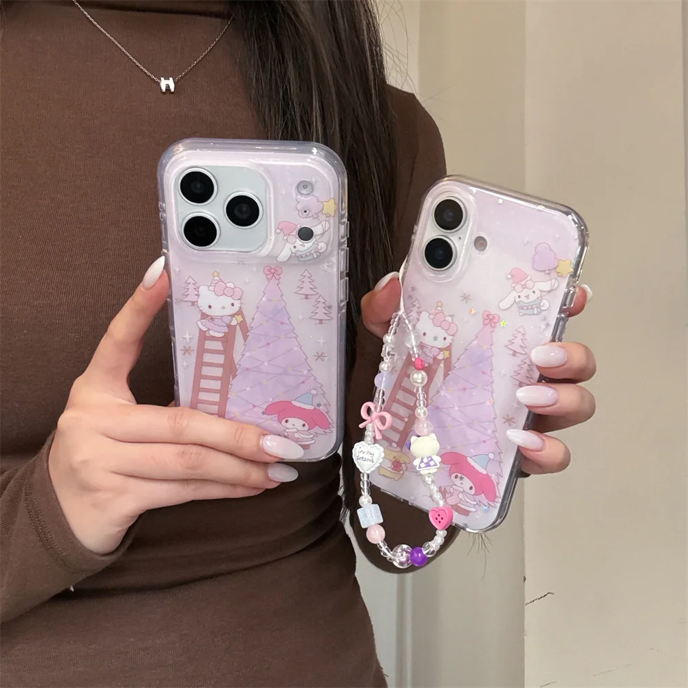 

Kawaii Glitter Christmas Tree Cartoon Hellokitty Phone Case For iPhone 16 17 Pro 14 15 Pro Max Cover With Chain Cases For 17 16