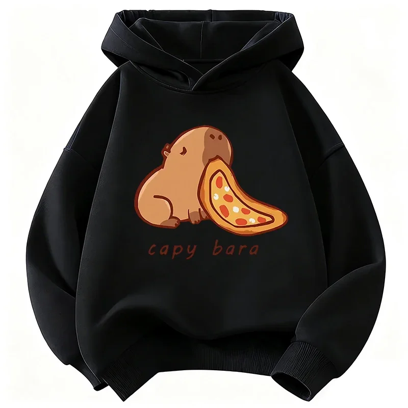 This stylish children's hooded sweatshirt for fall and winter features a cute and versatile cartoon capybara eating pattern.
