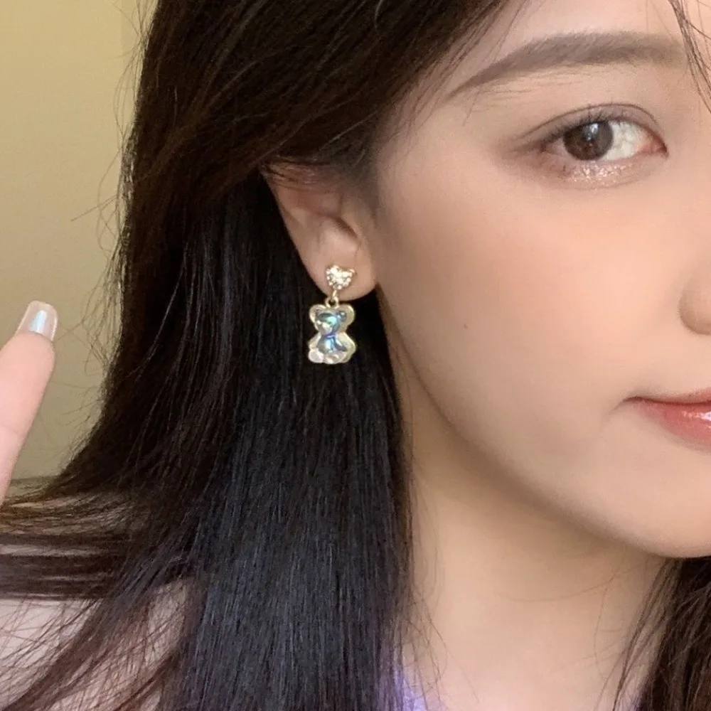 Romantic Sweet Little Bear Earrings Light Luxury Zircon Heart Shaped Stud Earrings Shiny Cute Korean Style Earrings Daily Wear
