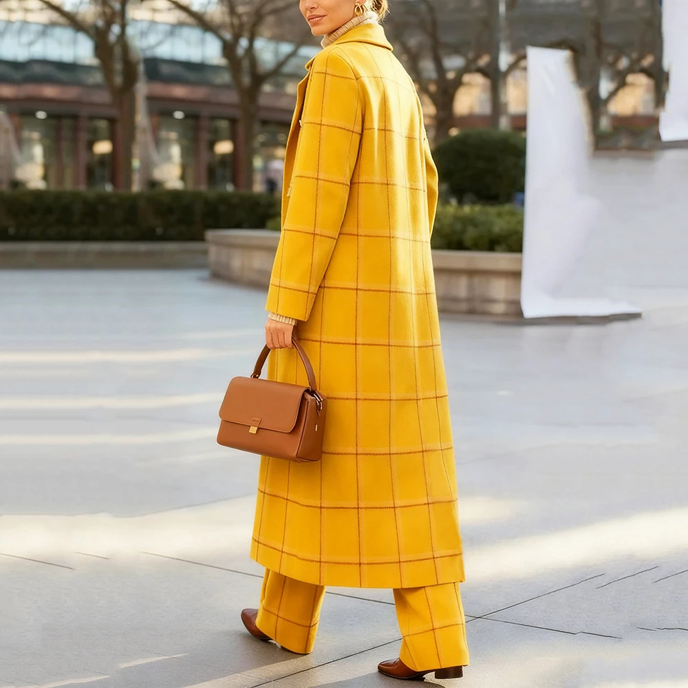 Fashion Yellow Women Suits 2 Pieces Long Coat Pant Sets Double Breasted Notch Lapel Female Chic Straight Customize Clothing