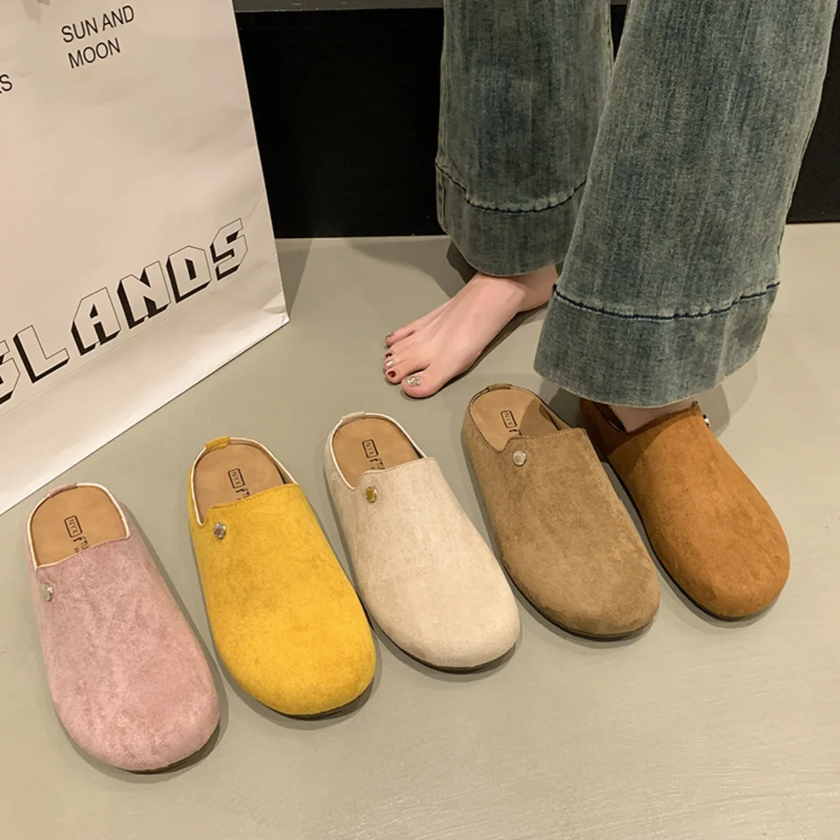 Mules retro acogedoras para mujer: zapatillas planas suaves para exteriores, suela de goma antideslizante, chanclas transpirables para la playa y la casa de uso diario