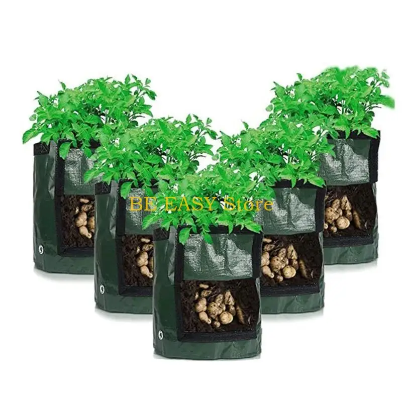 E28F 5 Pack Planting Bags with  Handles and Check Window Vegetable Planting Sacks Grow Bags for Indoor and Outdoor Use