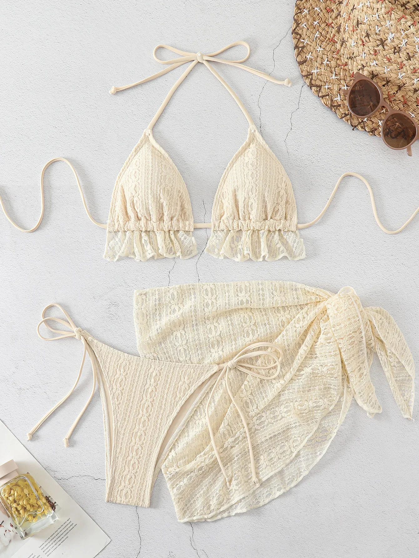 Sexy Ruffles Tie Micro Mini String Halter Lace Bikinis Sets 3pcs with Cover Skirt Swimwear Swimsuit Bathing Suit Biquini Tankini