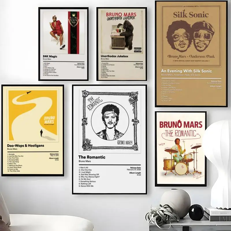 B-Bruno M-Mars Poster Waterproof Self-Stick Wall Art Stickers, Removable Wall Decor for Living Room and Bedroom