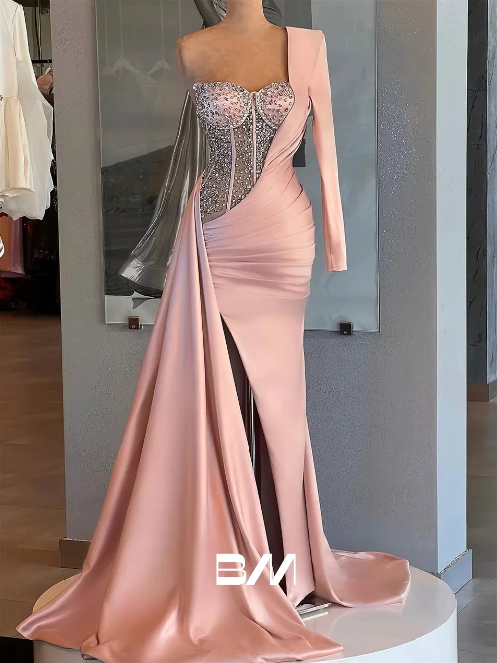 

Diamonds Long Evening Dress One Shoulder Satin Mermaid Prom Dresses With Side Slit Sexy Slim Fitted Formal Party Gown Customized