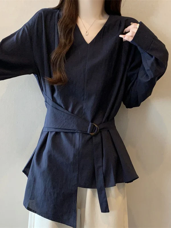 

Loose Fit V-Neck Long Sleeve Shirt Women's plus Size Belted Waist Tie Drapey Top Korean Style Commute Fashion Spring 2026