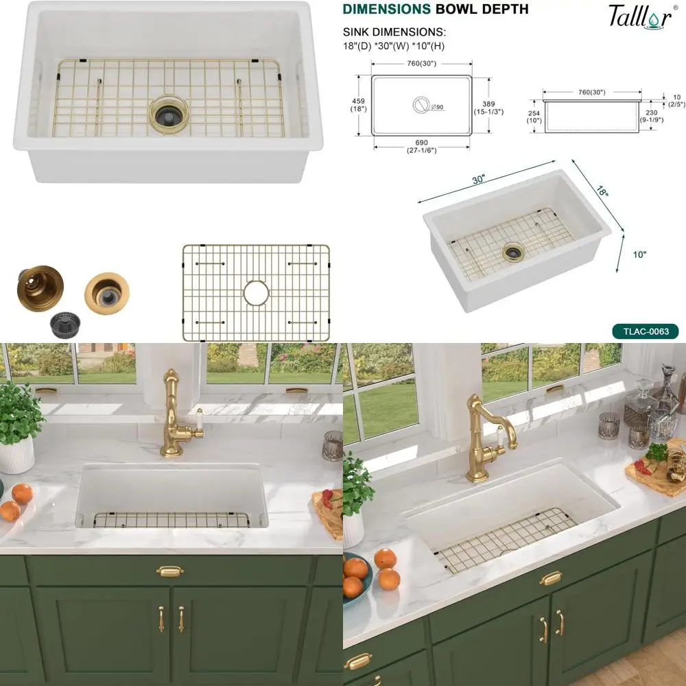 

30-дюймовая фарфоровая одночашевая белая кухонная мойка с двойным креплением и вариантами верхнего крепления