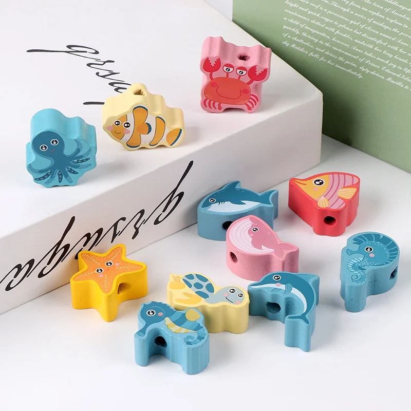 TongYueFun Kids Montessori Educational  Wooden Lacing Toy DIY Cartoon Animals Fruit Letter Digital Beads Threading Children Gift