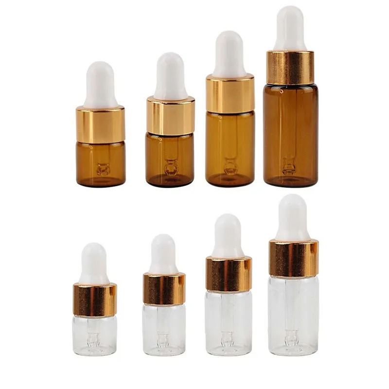 5/10 stücke 1ml 2ml 3ml 5ml Bernstein Glas Dropper Flasche Leere Nachfüllbare Klarglas fläschchen mit Gold Kappe für Ätherisches Öl