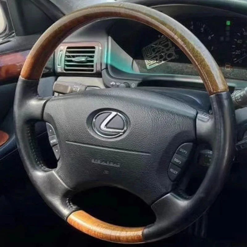 100% Fit For lexus LS430 2002-2006 Hand-stitched Peach wood grain grey Genuine Leather non-slip car steering wheel cover