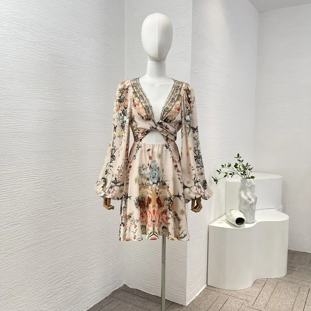 

2024 New Women High Quality Silk Lantern Sleeve Floral Print Cross Tie Diamonds Lace-up Mini Dress for Holiday