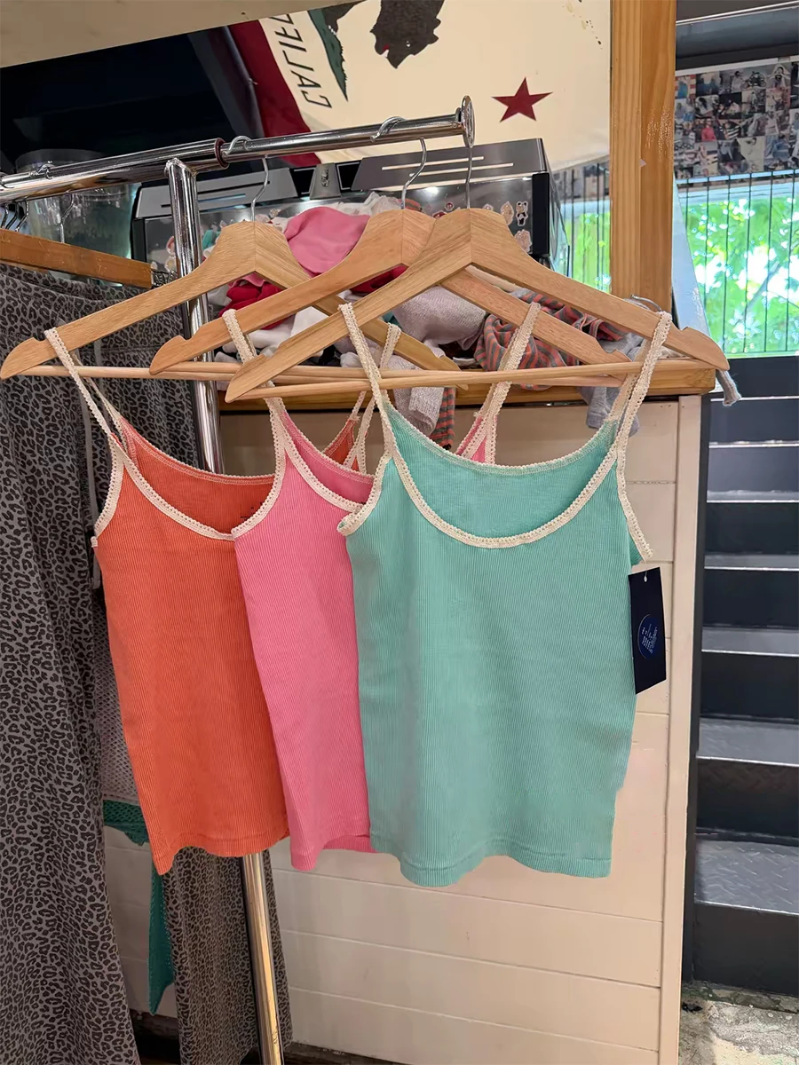 Lace Trim Patchwork Mint Green Crop Top Woman Sexy Sleeveless Cotton Slim Camisole Summer Retro Sweet Ribbed Basic Vest Y2k Tops