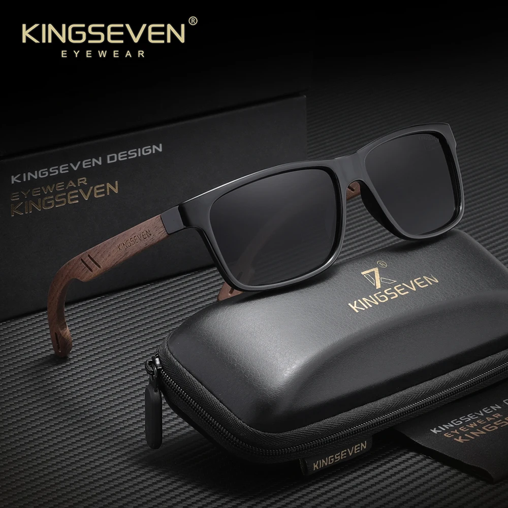 KINGSEVEN Klassische modische polarisierte Sonnenbrille für Herren und Damen, UV400, Retro-Brille, rechteckiger Rahmen aus natürlichem Walnussholz