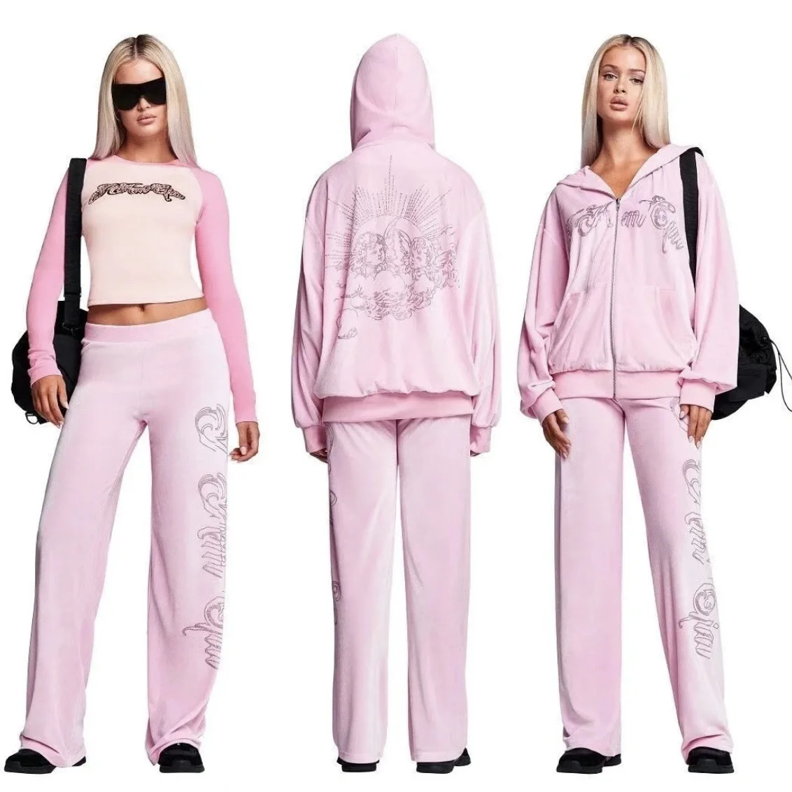 

Комплект IIA: осенне-зимний повседневный костюм с капюшоном, молнией, длинными рукавами, вышивкой букв и стразами, свободного кроя, для женщин (свитшот и брюки)