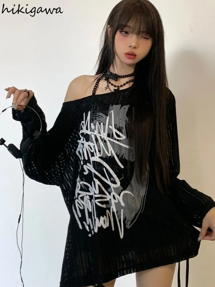 Oversized T Shirt Women Graffiti Print Off Shoulder Long Sleeve Tees Y2k Tops 2024 Ropa Mujer Casual Streetwear Fashion T-shirts