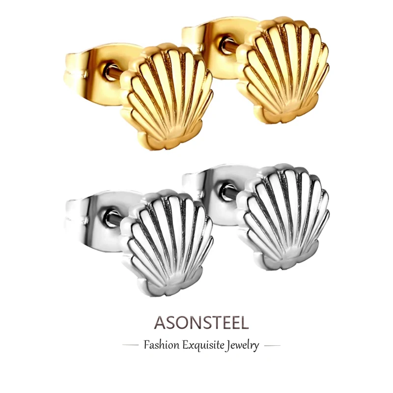 ASONSTEEL Vintage Stainless Steel Shell Cut Stud Earrings Piercing Gold Color For Women Push Inoxidable Jewelry Trending Gift