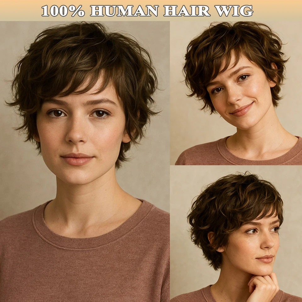 

Коричневый, черный парик из человеческих волос, стрижка пикси, парик из человеческих волос, машинное производство 6 дюймов с челкой