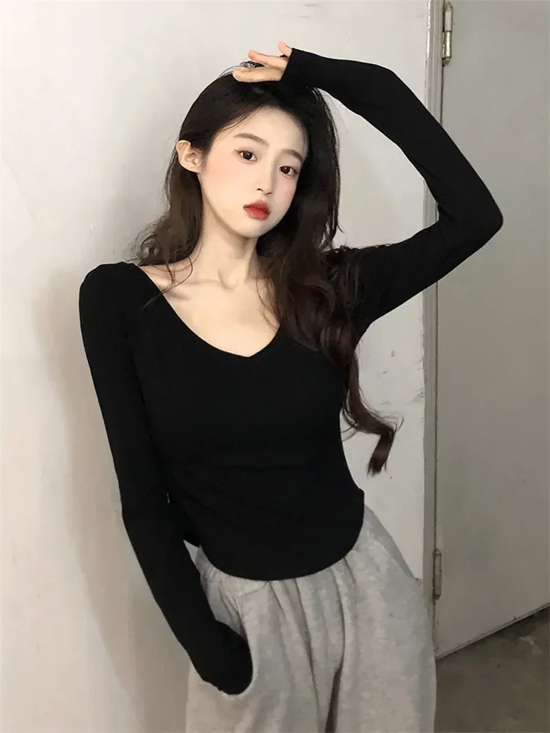 

Pure Desire Aesthetic V-Neck T-Shirt Women's Autumn New Style Long Sleeve Student Top Trendy Women's Clothing Y2k