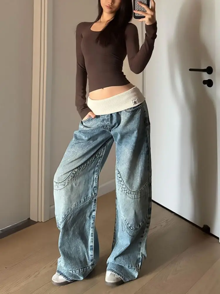 

Retro Waist Washed Straight Jeans Women's High Waist Loose Wide Leg Floor Pants