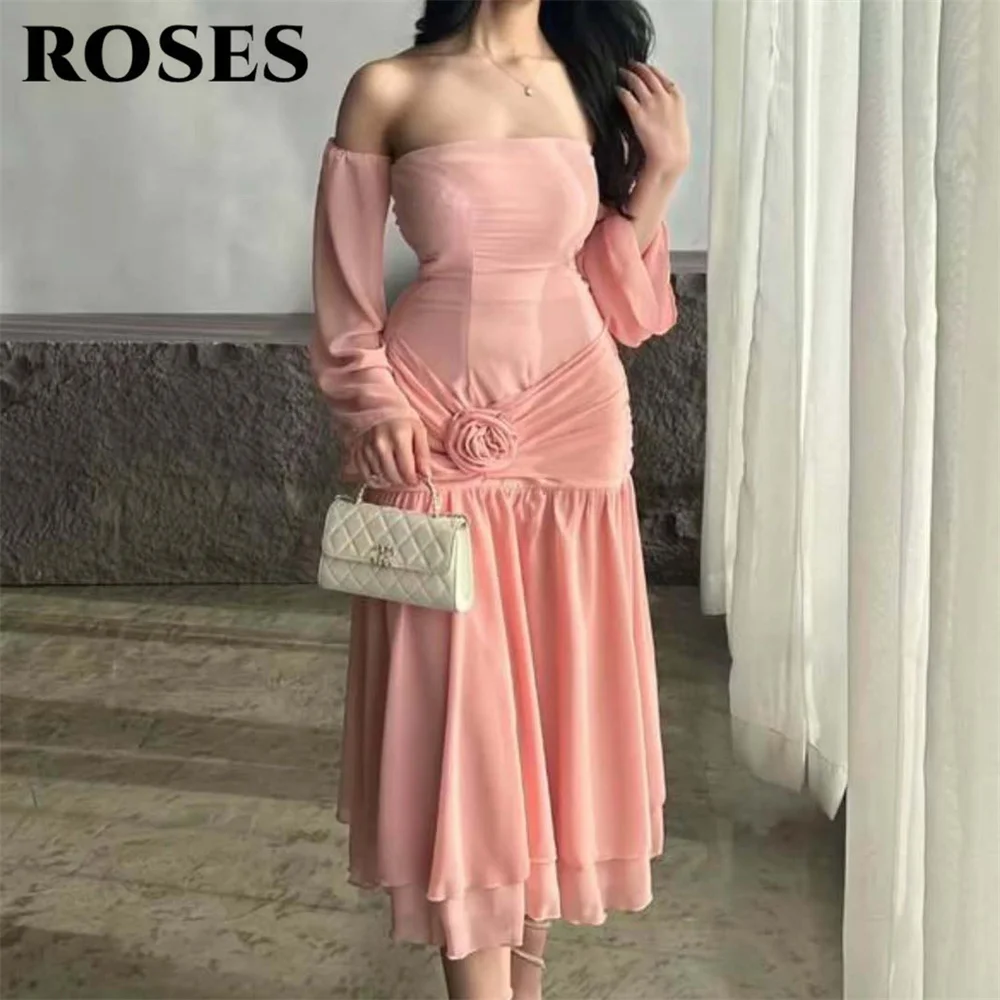 

ROSES Pink Elegant Pleats Party Dress Saudi Arabia Celebrity Dresses Tiered Layer with Flowers Special Occasion Dress Customized