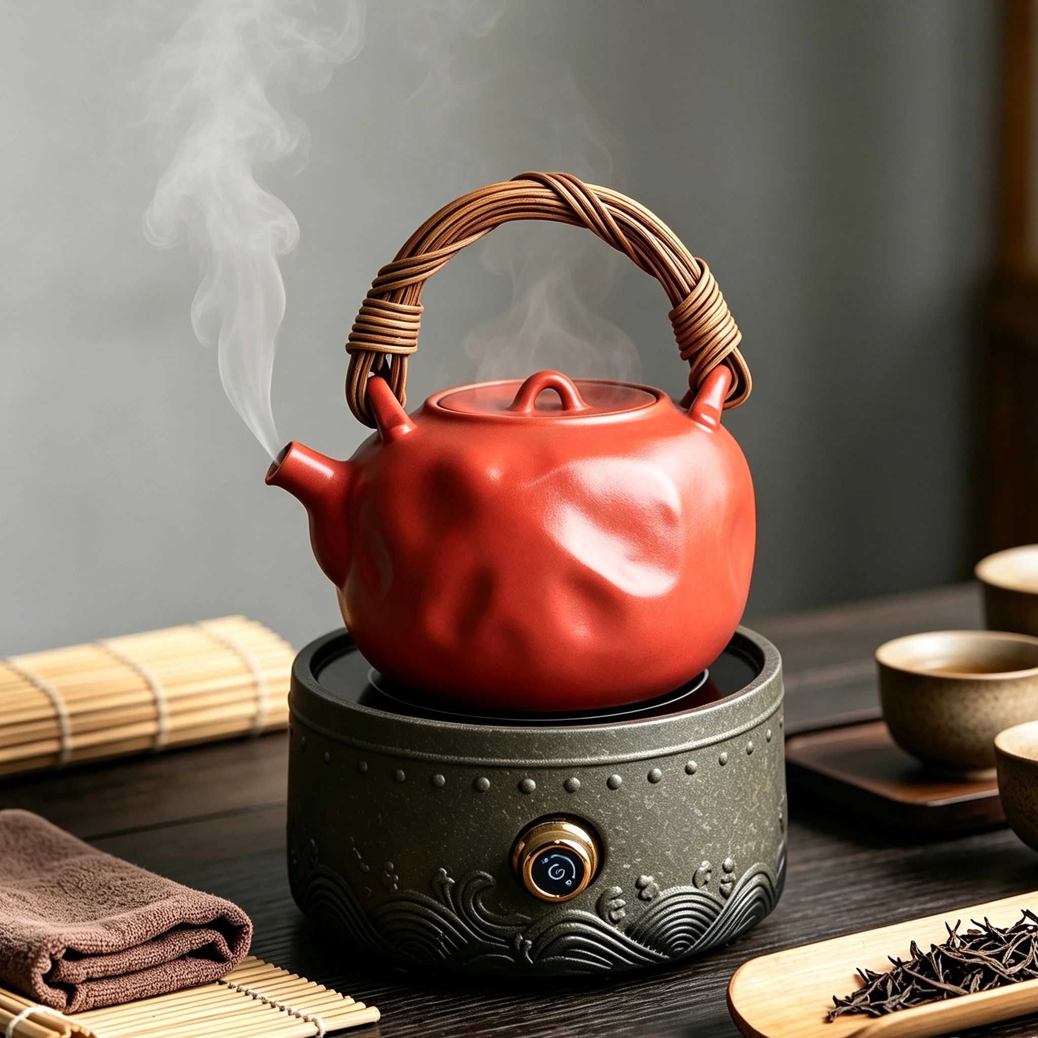 Hawthorn Red Soda Glaze Hammered Teapot with Rattan Handle, Chinese Stovetop Kettle for Charcoal Stove & Electric Ceramic Cooker