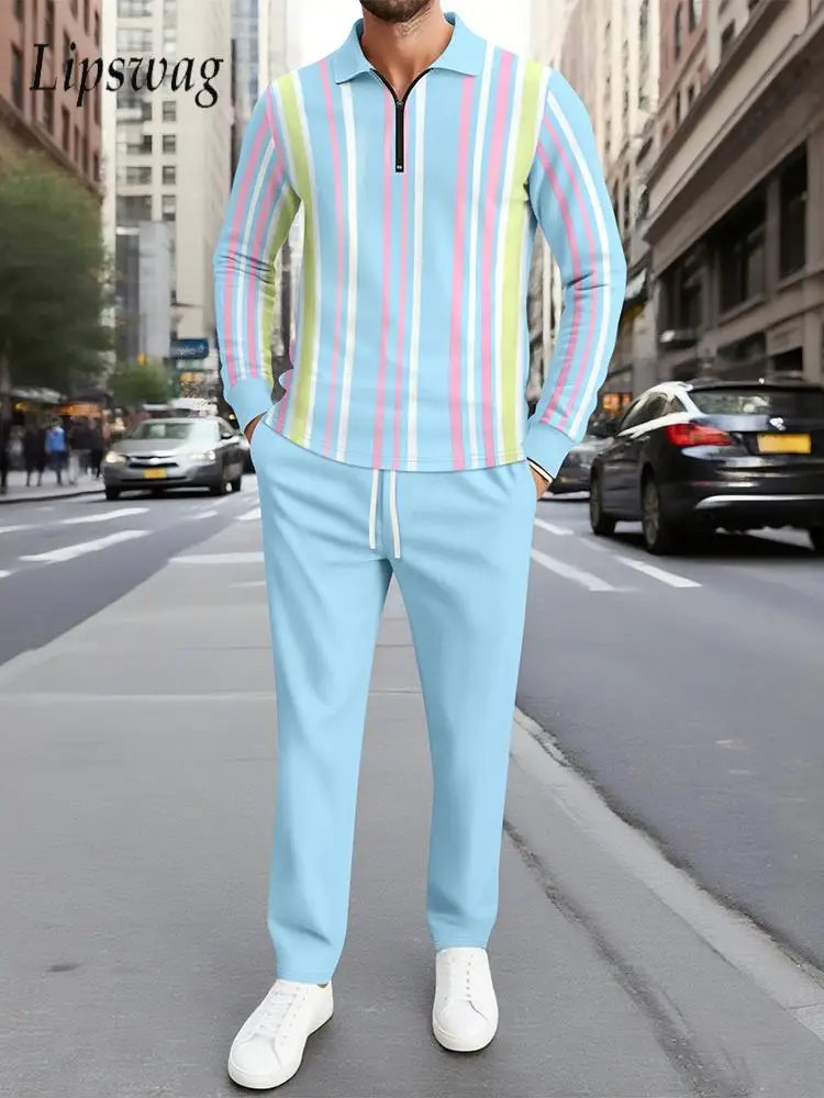 

Fashion Striped Printing Mens Two Pieces Suits Spring Autumn Stylish Long Sleeve Polo Shirt And Pants Sets Men Casual Tracksuits