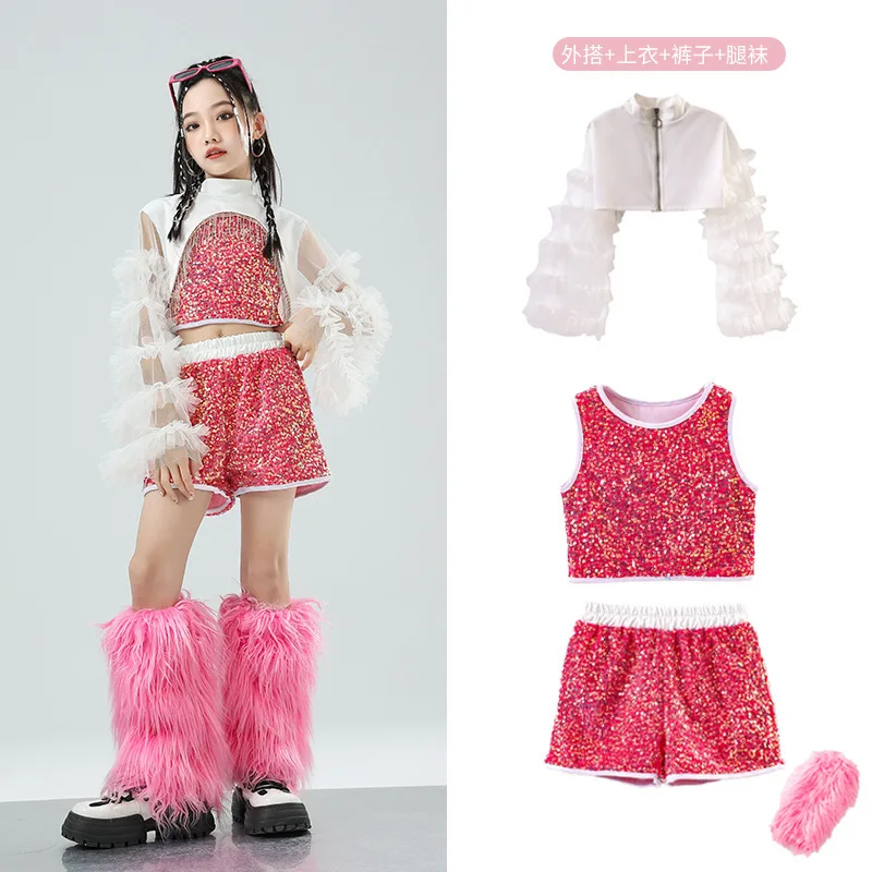 Trajes de dança jazz para meninas hip-hop crianças trajes de desempenho de dança de rua lantejoulas malha pista mostra vestido de jazz