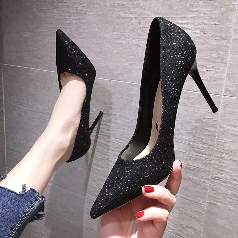 

Elegant Black Pointed Toe High Heels Thin Stiletto Women's Shoes Spring Fashionable Professional Sexy Slip-On Single Shoes