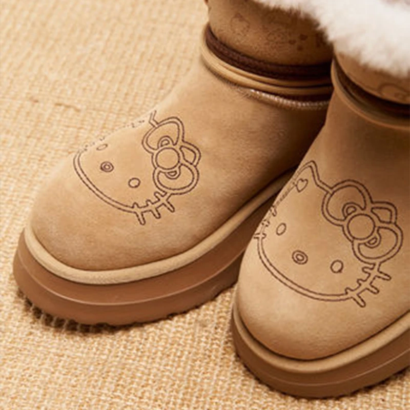 Hello Kitty bottes de neige une pièce en fourrure douce et chaude pour femmes avec velours épais et bottes courtes antidérapantes à fond épais cadeau de noël