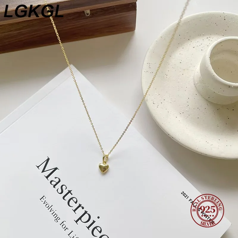 LGKGL S925 Sterling Silver 14K Gold Plated Heart Necklace Smooth Surface 3D Heart Pendant Lockbone Chain for Women