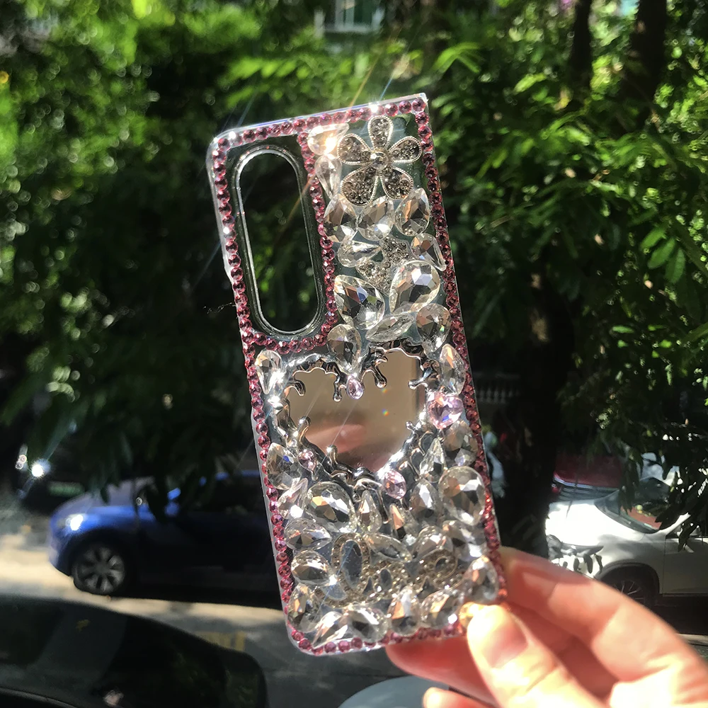 Bling Rhinestone Broken Heart Mirror Phone Case For Samsung Galaxy Z Fold 7 6 5 4 3 Diamond Flowers Water Drop Crystal PC Cover