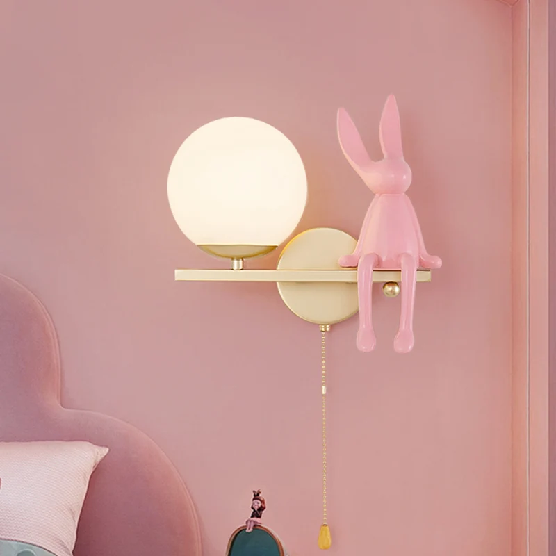 Cartoon Resin Pink Rabbit Wall Lamps for Children's Room Bedside Lighting Zipper Switch Girl Princess Bedroom Wall Light LED E27