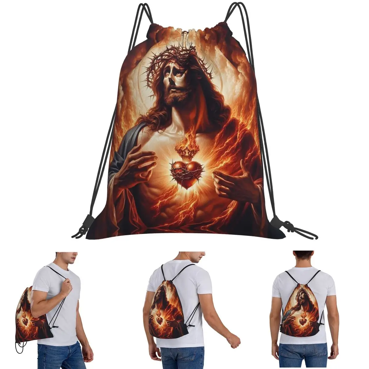 

Jesus Christ Angelic Heart Religious With Roses & Gold Accents Backpacks Drawstring Bundle Pocket Storage Bag Book Bags