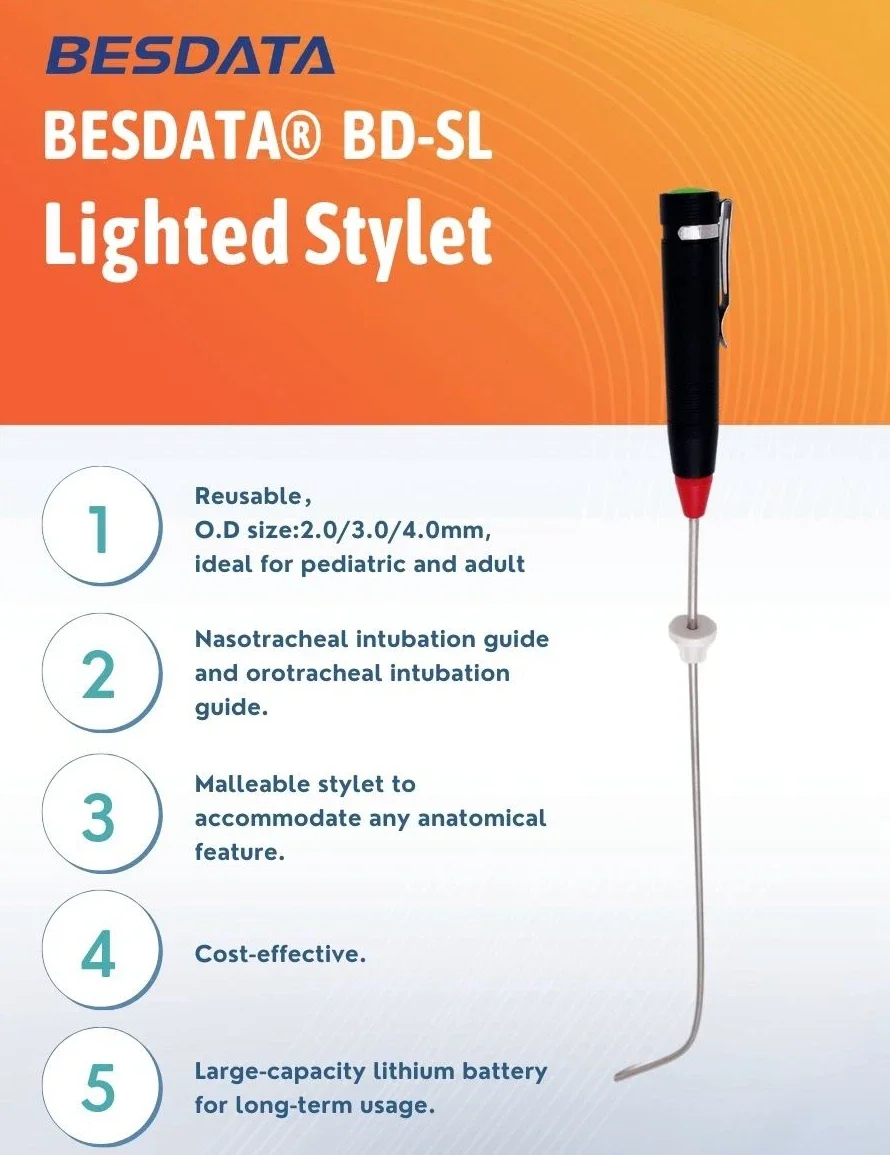 BESDATA Malleable Red Light Endotracheale Reusable Rigid Intubation Stylet for 2.0/3.0/4.0 mm Neonate Pediatric Adult Intubation