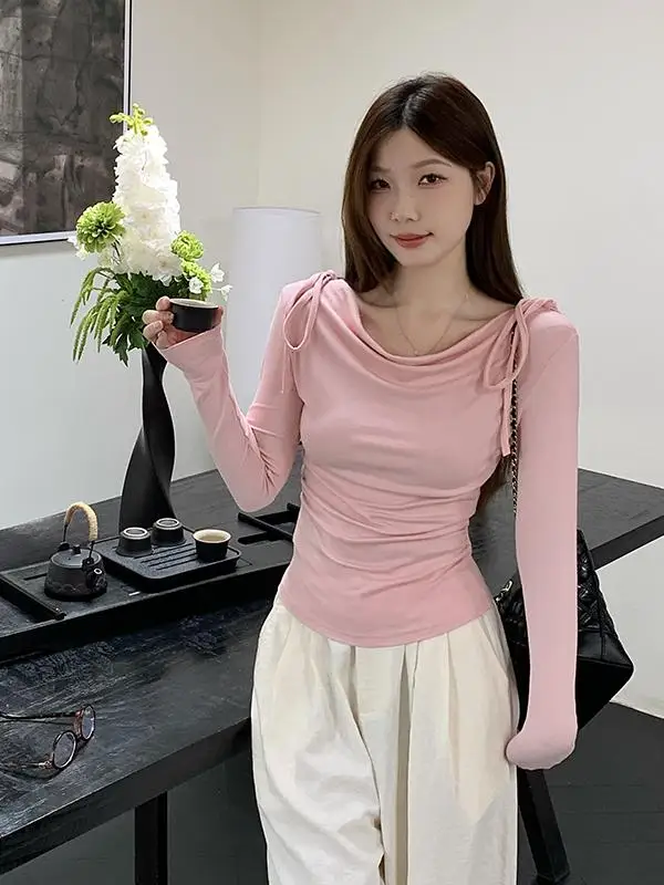 Maglietta Coreana a Maniche Lunghe da Donna, Autunno Inverno, Aderente, Vita Alta, con Nodo, Top Elegante per il Lavoro, Stile Creativo...