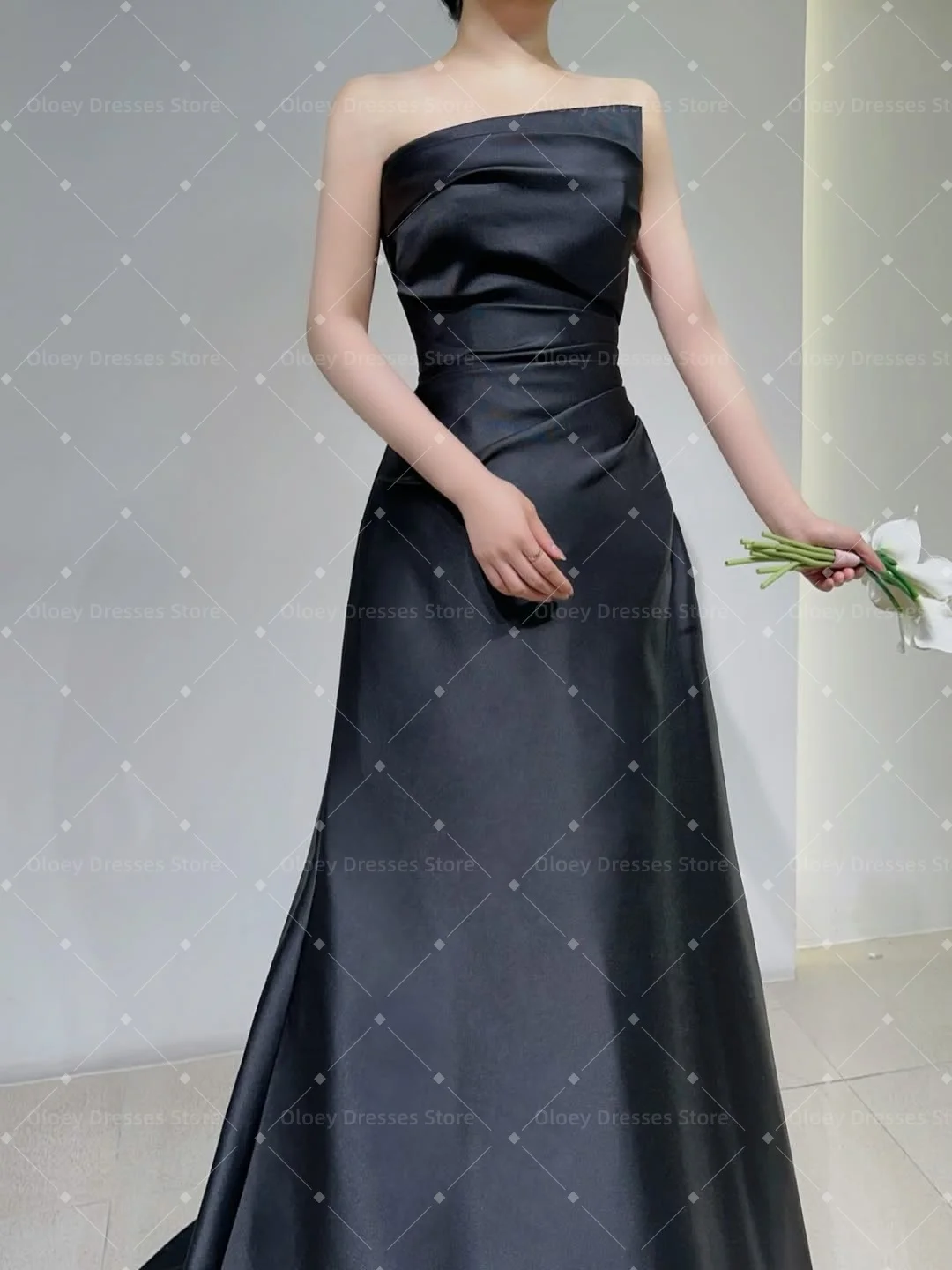 OLOEY 2026 Simple Black Evening Dresses Korea Photoshoot Strapless Floor Length Corset Back Prom Gowns Formal Party Dress