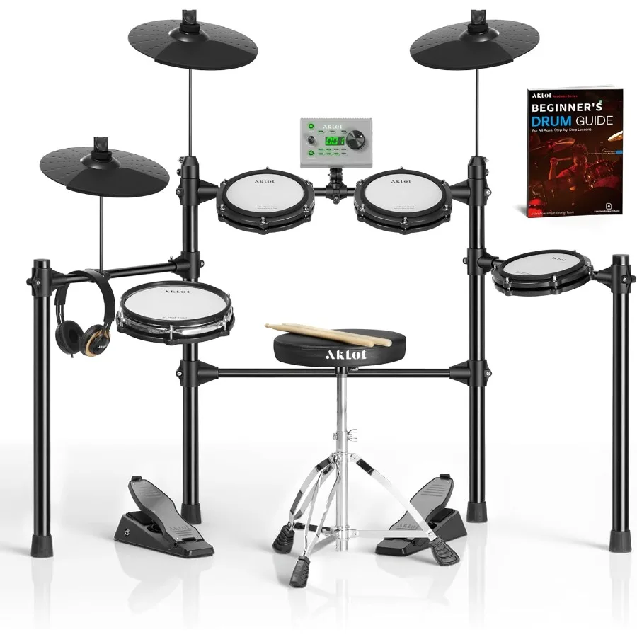 

Электронная ударная установка AKLOT с многозонным управлением, 4 тихими сетчатыми барабанами с двойным триггером, 360 звуков, 10 пользовательских наборов, чейки с функцией чока