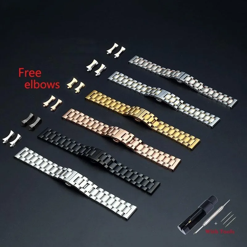 Flat Elbow Dual-purpose Universal Stainless Steel Strap 12 14 16 18 19 20 21 22 23 24mm Double Press Butterfly Clasp Band+Tools